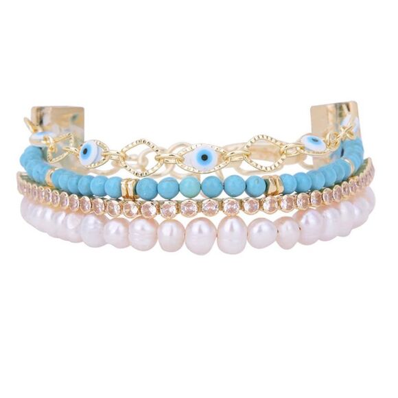 NWT Victoria Emerson Evil Eye Diamond Pearl Multi-Layered Cuff Bracelet - Picture 1 of 4
